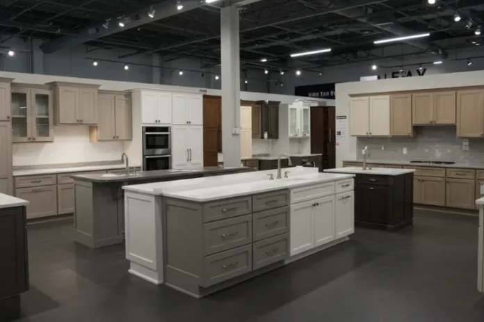 A modern showroom with various wholesale kitchen and bathroom cabinets on display.