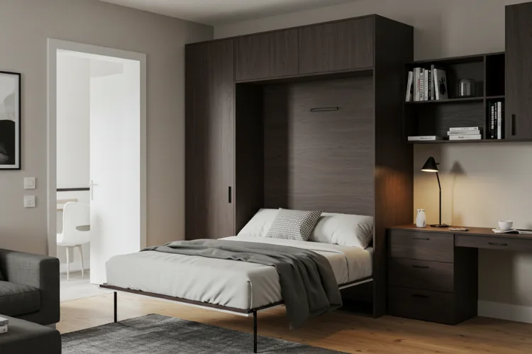 A stylish, compact room showing a Murphy bed folded into a cabinet.