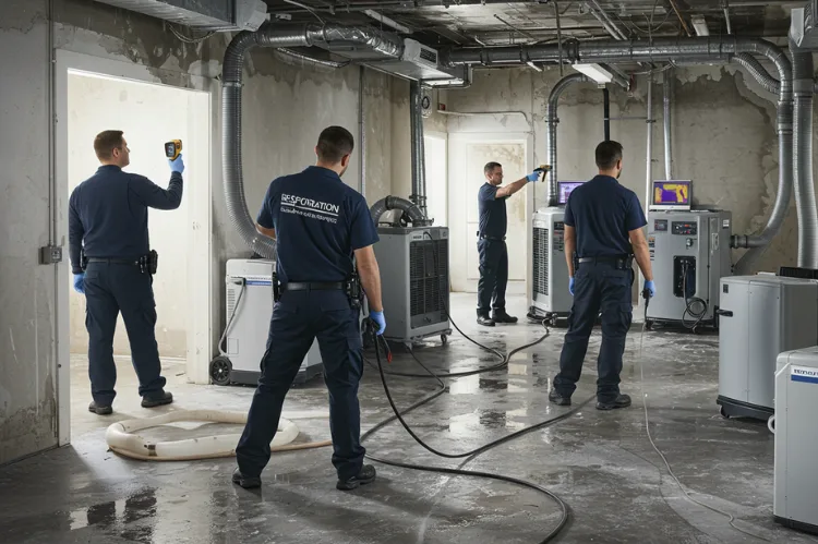 Restoration team in uniforms using industrial dehumidifiers, air movers, and thermal imaging camera.