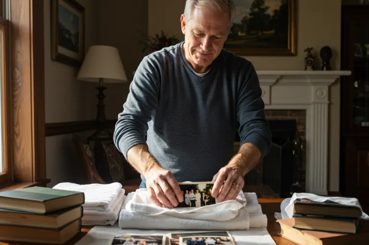 A person carefully drying wet family photographs on towels with books placed.