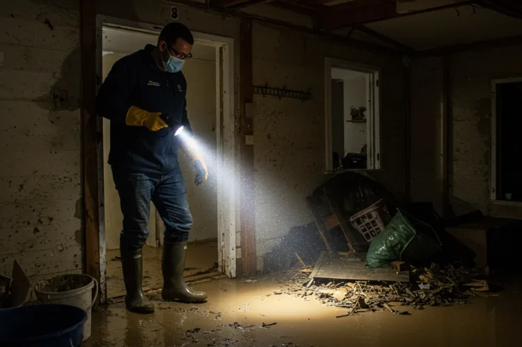 A man in waterproof boots, gloves, and mask entering a flood-damaged home, holding a flashlight.