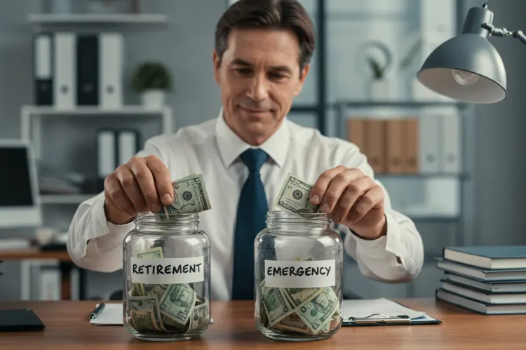 A office man worker placing money into two jars labeled ‘Retirement’ and ‘Emergency Savings.