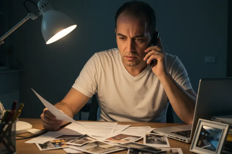 A man sitting at a desk with laptop, receipts, and photos of flood damage, speaking on phone.