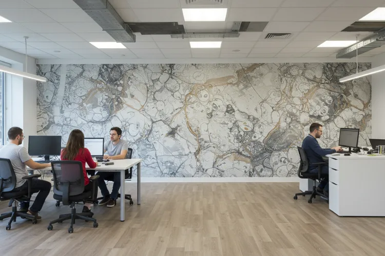 A bright, modern office with employees working near a large wall mural.