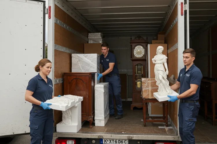 Professional movers packing fragile antiques and artwork into climate-controlled moving truck.