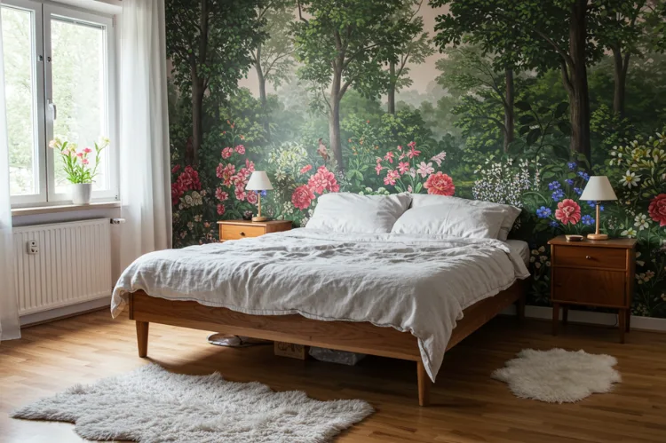 A cozy bedroom with a large floral and forest-themed wall mural behind the bed.