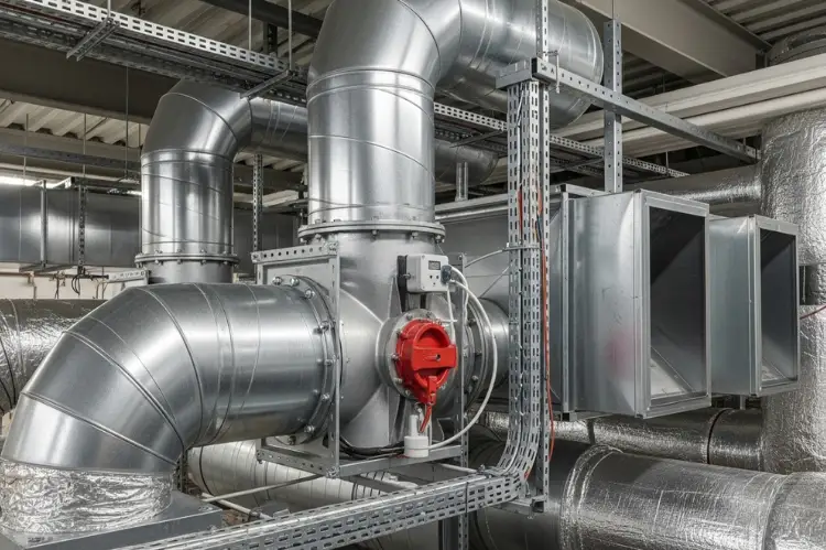 Fire damper integrated into a complex building ventilation system.