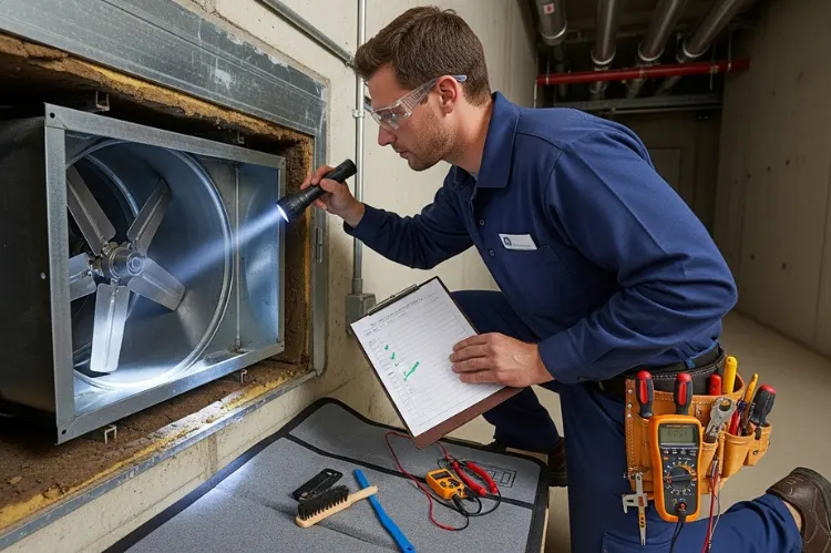 Technician inspecting a fire damper for dust and residue, tools and checklist in hand.
