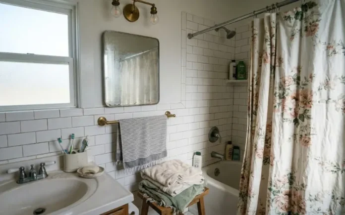 Floral cotton shower curtain in a boutique-style bathroom with brass fixtures and white subway tile.