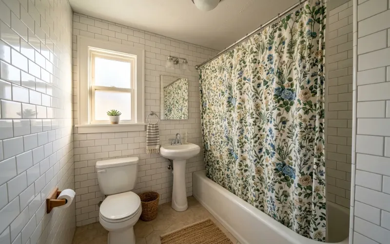 Small bathroom with floor-to-ceiling floral shower curtain covering the tub wall.