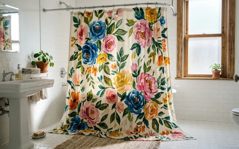 Bold hand-painted floral shower curtain pooling gracefully in a bright white bathroom.