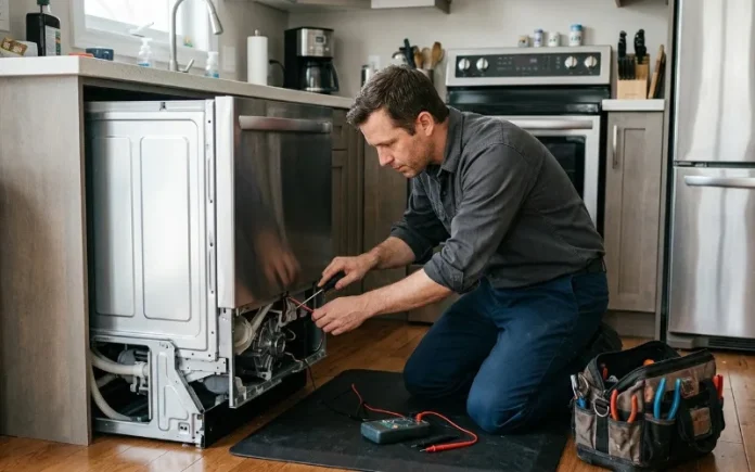 Appliance repair technician fixing a dishwasher in a Toronto kitchen.
